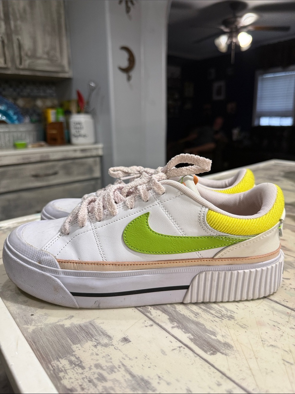 Nike Women's White Sneakers with Lime Green Swoosh and Yellow Heel